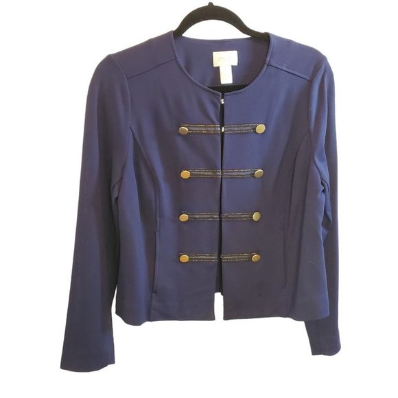 Jackets & Blazers - Womens Navy Blue Military Style Jacket Twill Stretchy Lightweight Medium Petite